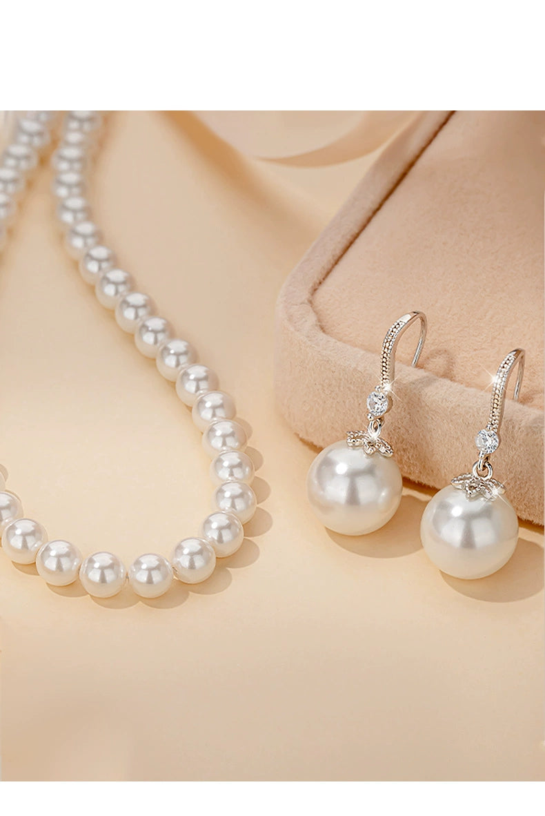 Silver Pearl Necklace and Earrings Suite Jewelry - SOJ STORE
