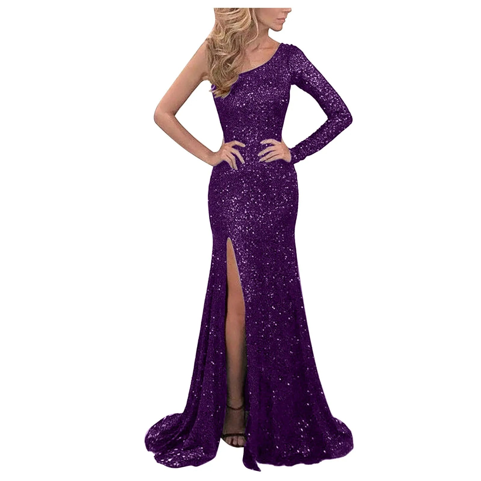 Long Sleeve One Shoulder Sequins Slim Wedding - SOJ STORE