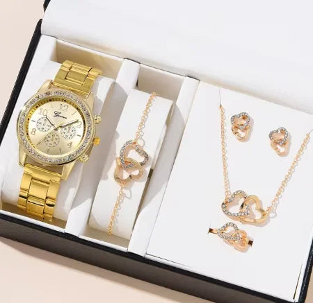 Gorgeous 6pcs Set, 1pc Women's Quartz Watch & 5pcs Heart-Shaped Rhinestone Jewelry - SOJ STORE