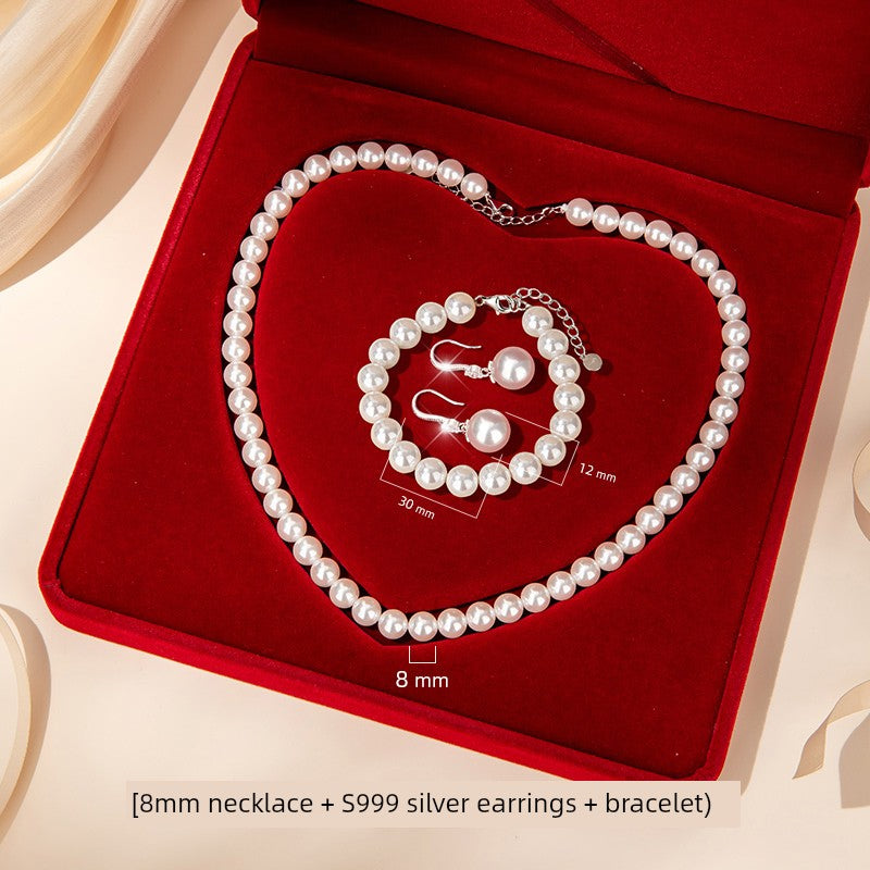 Silver Pearl Necklace and Earrings Suite Jewelry - SOJ STORE