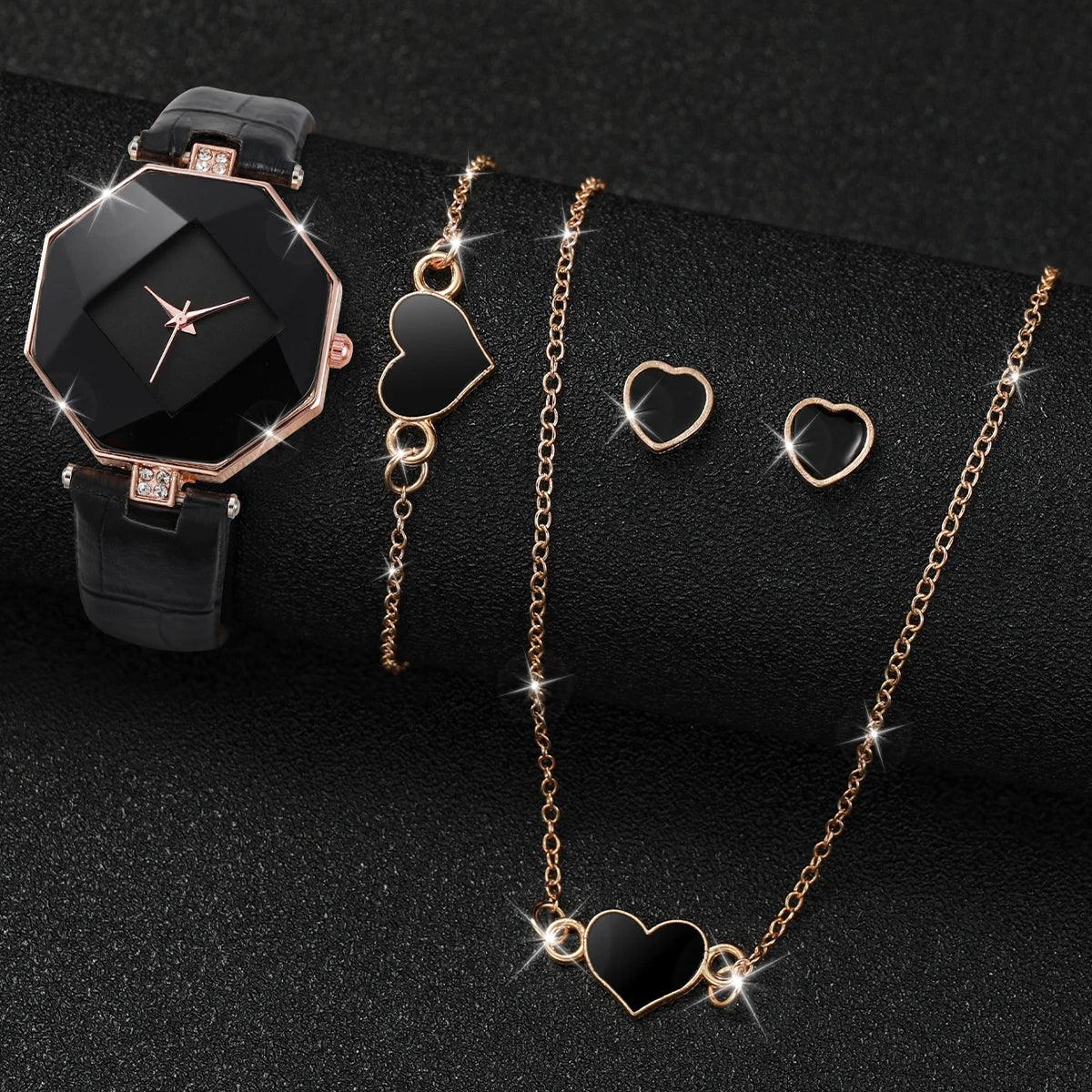 5PCS/Set Women's Watch Fashion Leather Band Analog Quartz Watches Heart Jewelry Set(Without Box) - SOJ STORE