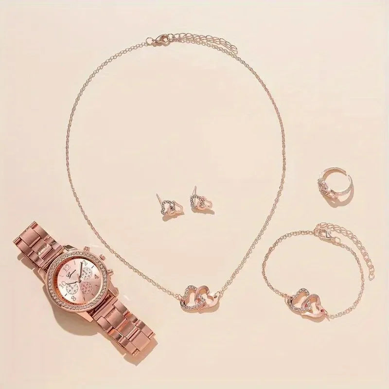 Gorgeous 6pcs Set, 1pc Women's Quartz Watch & 5pcs Heart-Shaped Rhinestone Jewelry - SOJ STORE