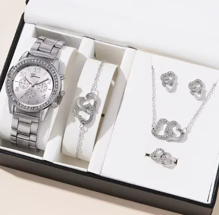Gorgeous 6pcs Set, 1pc Women's Quartz Watch & 5pcs Heart-Shaped Rhinestone Jewelry - SOJ STORE