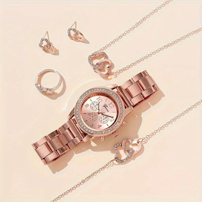 Gorgeous 6pcs Set, 1pc Women's Quartz Watch & 5pcs Heart-Shaped Rhinestone Jewelry - SOJ STORE