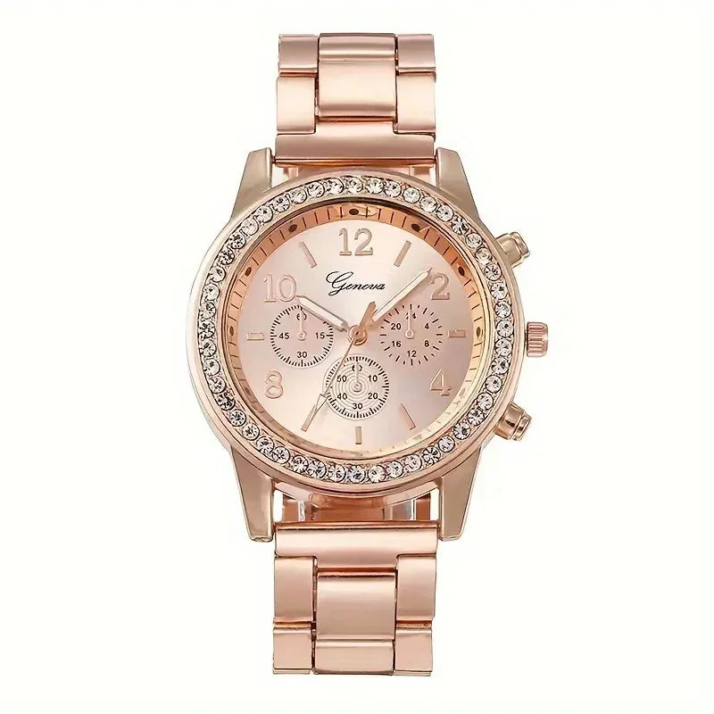 Gorgeous 6pcs Set, 1pc Women's Quartz Watch & 5pcs Heart-Shaped Rhinestone Jewelry - SOJ STORE