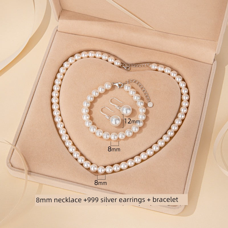 Silver Pearl Necklace and Earrings Suite Jewelry - SOJ STORE