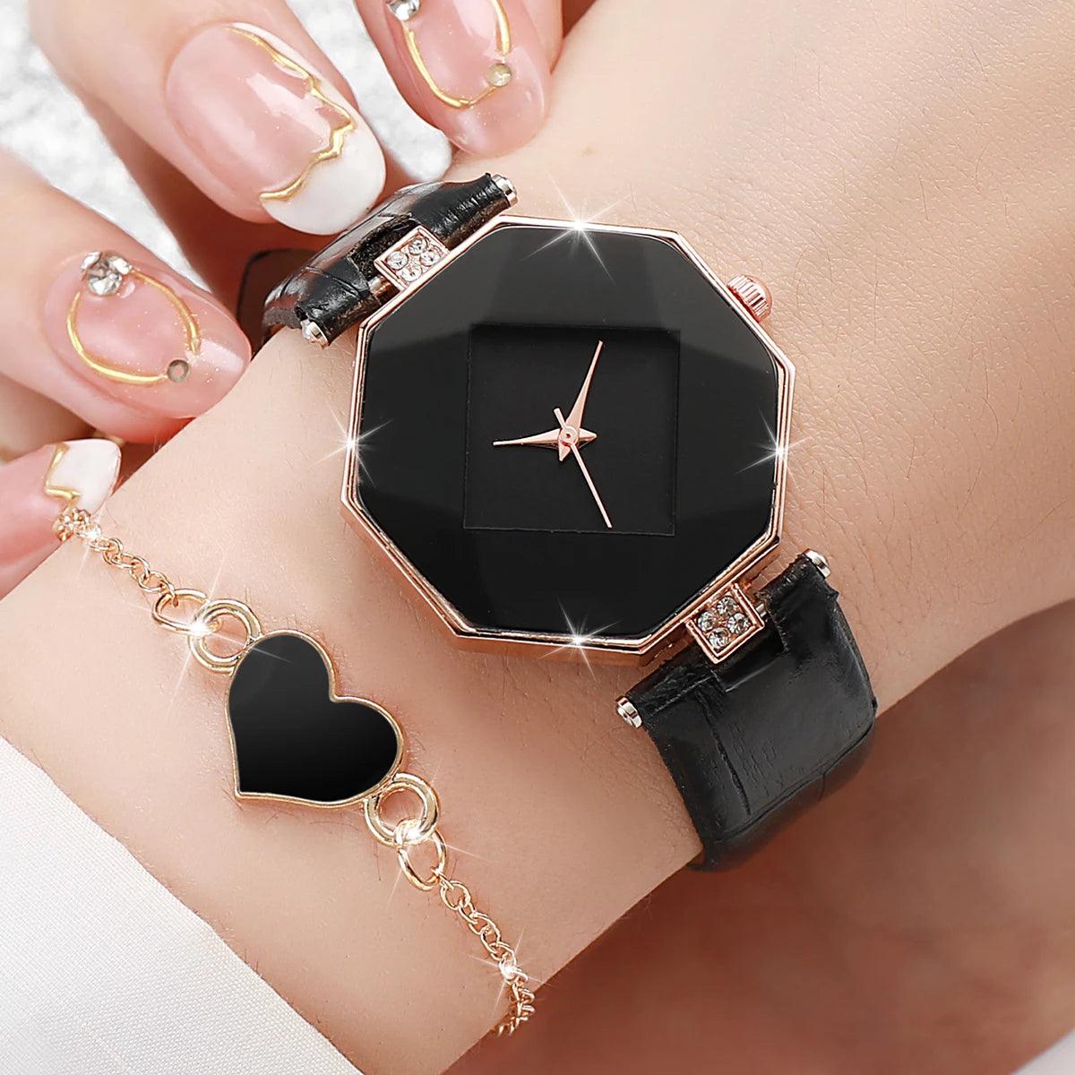 5PCS/Set Women's Watch Fashion Leather Band Analog Quartz Watches Heart Jewelry Set(Without Box) - SOJ STORE