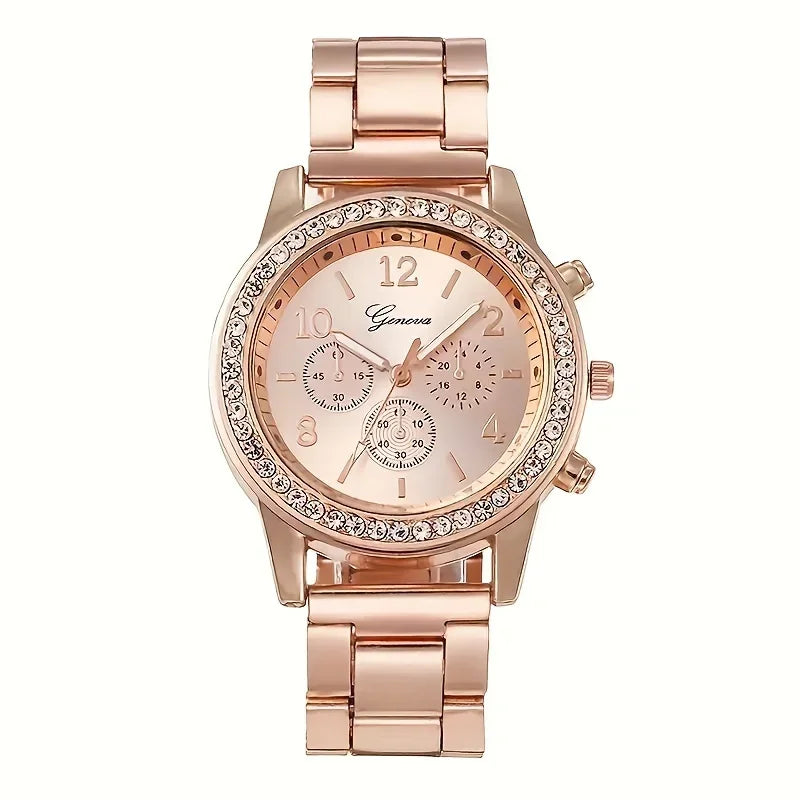 Gorgeous 6pcs Set, 1pc Women's Quartz Watch & 5pcs Heart-Shaped Rhinestone Jewelry - SOJ STORE