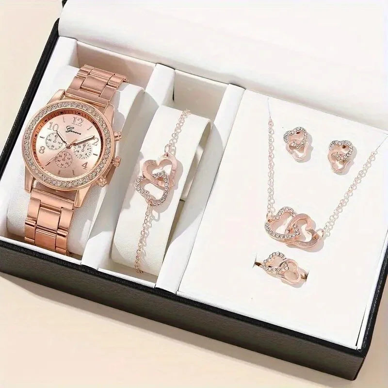 Gorgeous 6pcs Set, 1pc Women's Quartz Watch & 5pcs Heart-Shaped Rhinestone Jewelry - SOJ STORE