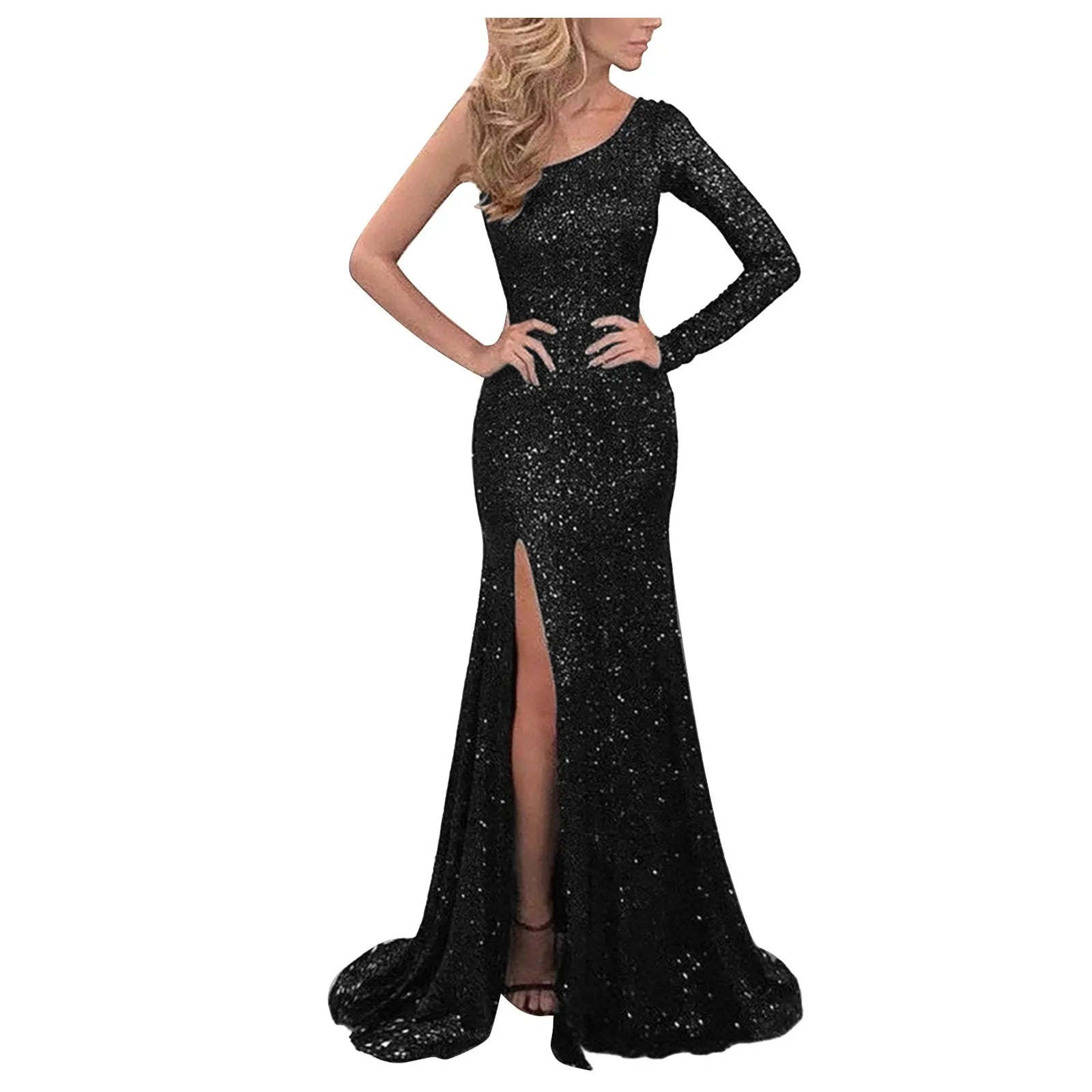 Long Sleeve One Shoulder Sequins Slim Wedding - SOJ STORE