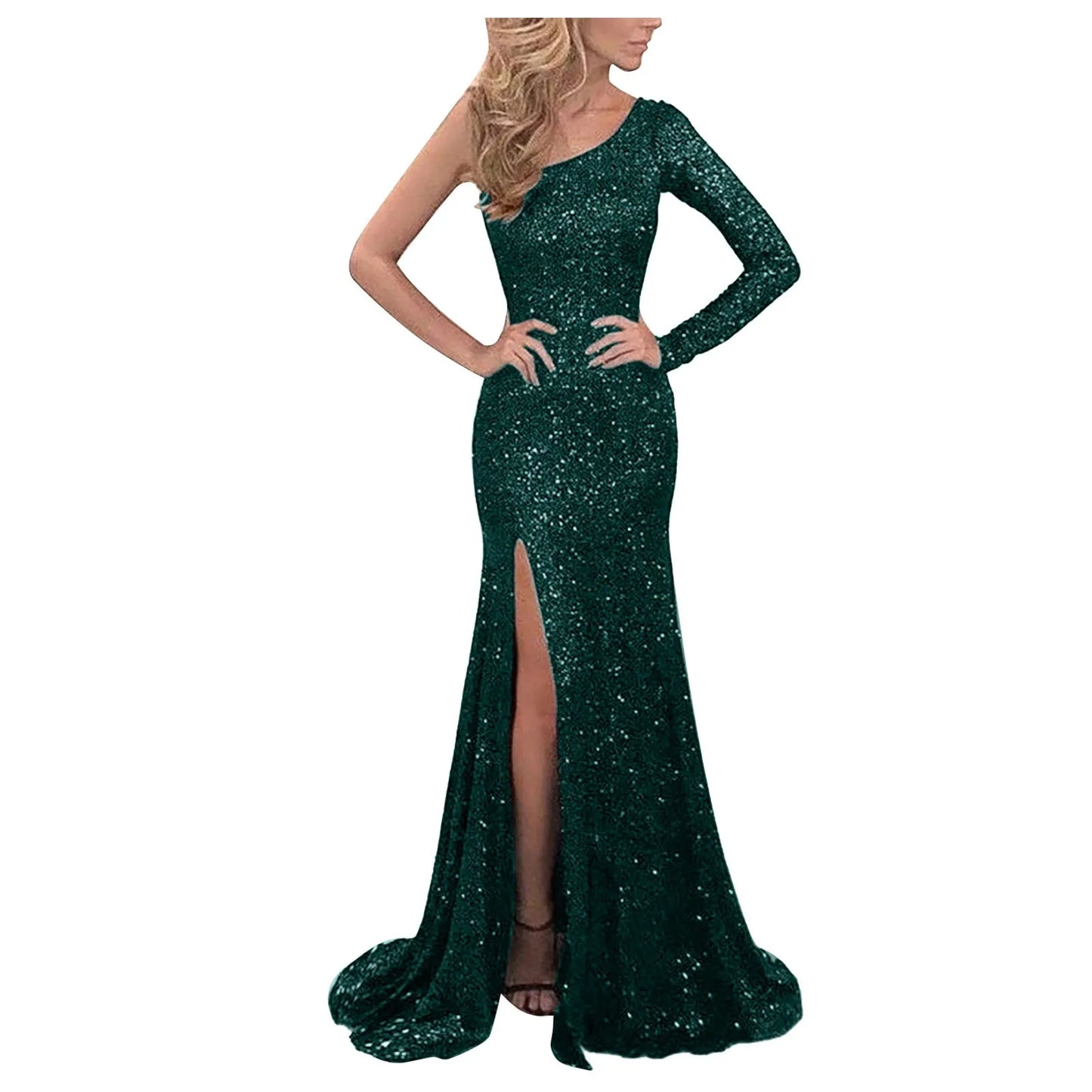 Long Sleeve One Shoulder Sequins Slim Wedding - SOJ STORE
