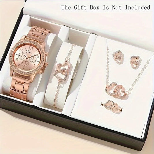 Gorgeous 6pcs Set, 1pc Women's Quartz Watch & 5pcs Heart-Shaped Rhinestone Jewelry - SOJ STORE