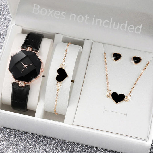 5PCS/Set Women's Watch Fashion Leather Band Analog Quartz Watches Heart Jewelry Set(Without Box) - SOJ STORE