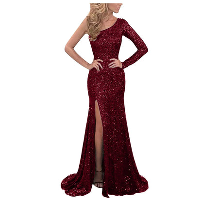 Long Sleeve One Shoulder Sequins Slim Wedding - SOJ STORE